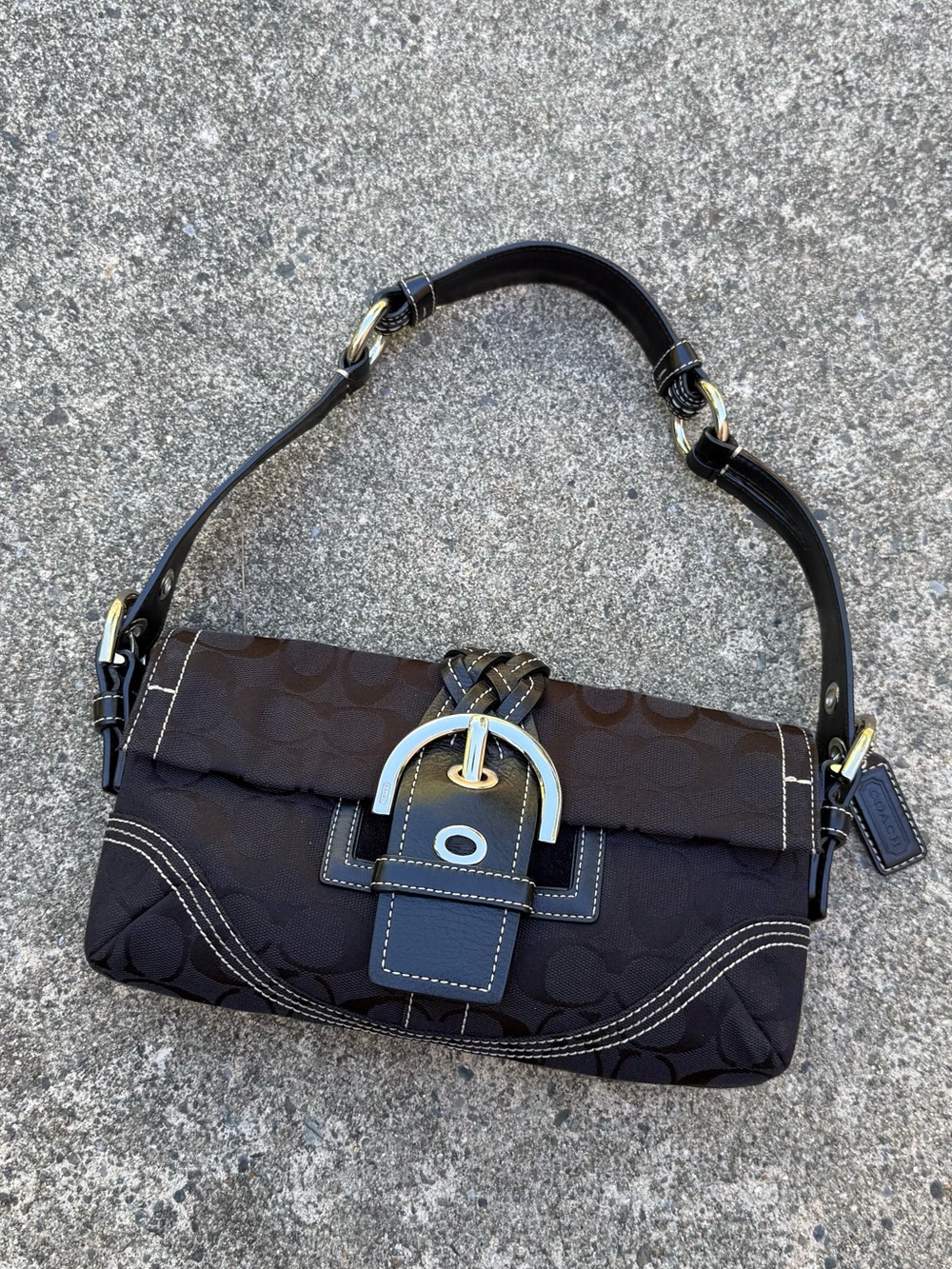 Vintage Coach Signature Jacquard Shoulder Bag with Buckle Accent